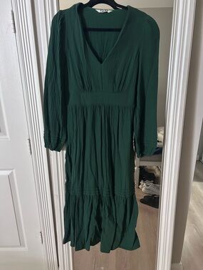 Boden Forest Green V-Neck Long Sleeve Midi Cotton Dress - size 8R